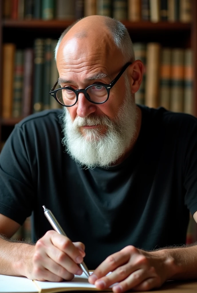 Caucasian man with white beard , Aquiline nose completely bald with no hair on the sides with deep gaze ,round dark gray lenses glasses, black t-shirt , studying with bookshelf in the background 
