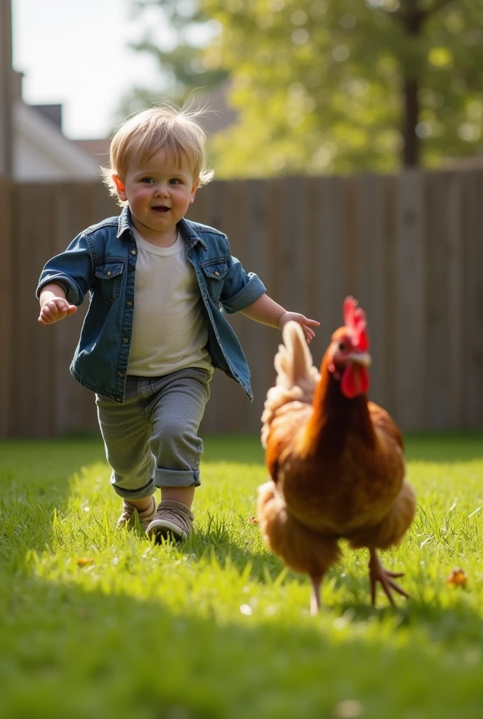 Fat boy chasing a chicken in the backyard