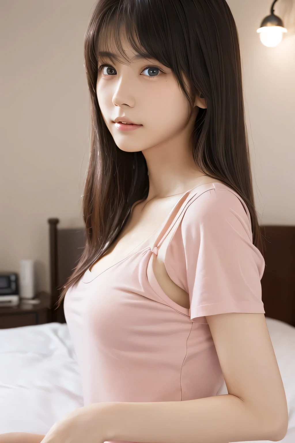 (Highest quality:1.4), (Very detailed), (Very detailed美しい顔), (night:1.8), (Beautiful face and eyes:1.5), , Evenly balanced eyes, (Short sleeve pink camisole:1.3), Beautiful face and eyes, iris, The Beauty of Japan, (Skinny body type:1.3), (Flat Chest:1.3), (Sexy pose:1.3), Smooth, Very detailed CG synthesis 8k wallpaper, High-resolution RAW color photos, Professional photography, Light, BackLight, dream-like, impressive, Written boundary depth, (Bedroom:1.4), (Face close-up:1.3), (Side shot:1.3)