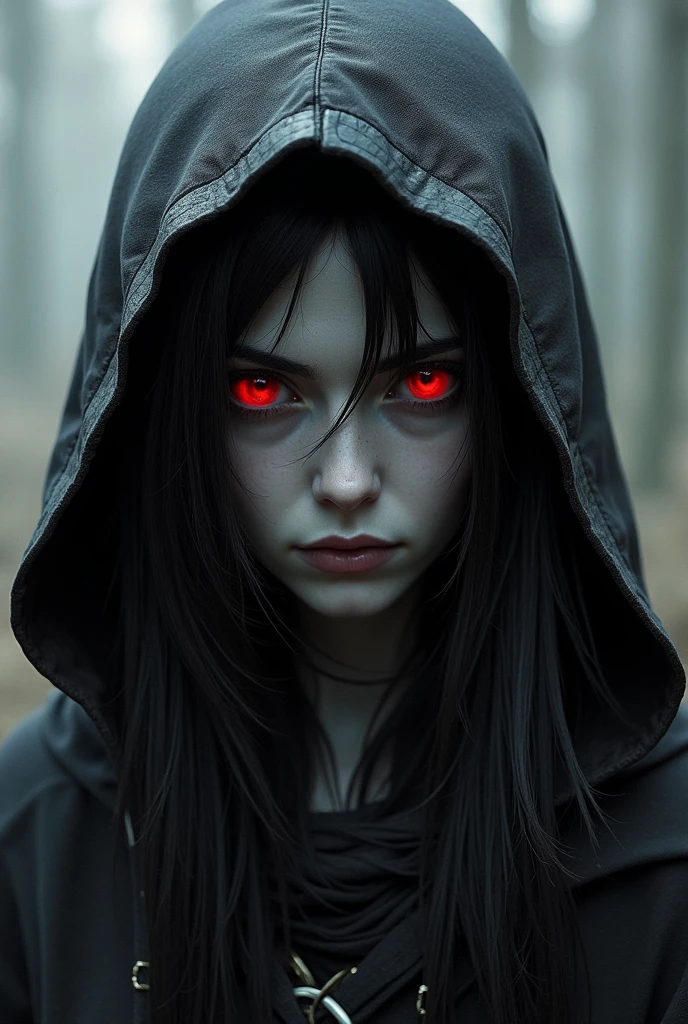 rogue eladrin black hair gray skin red eyes hooded