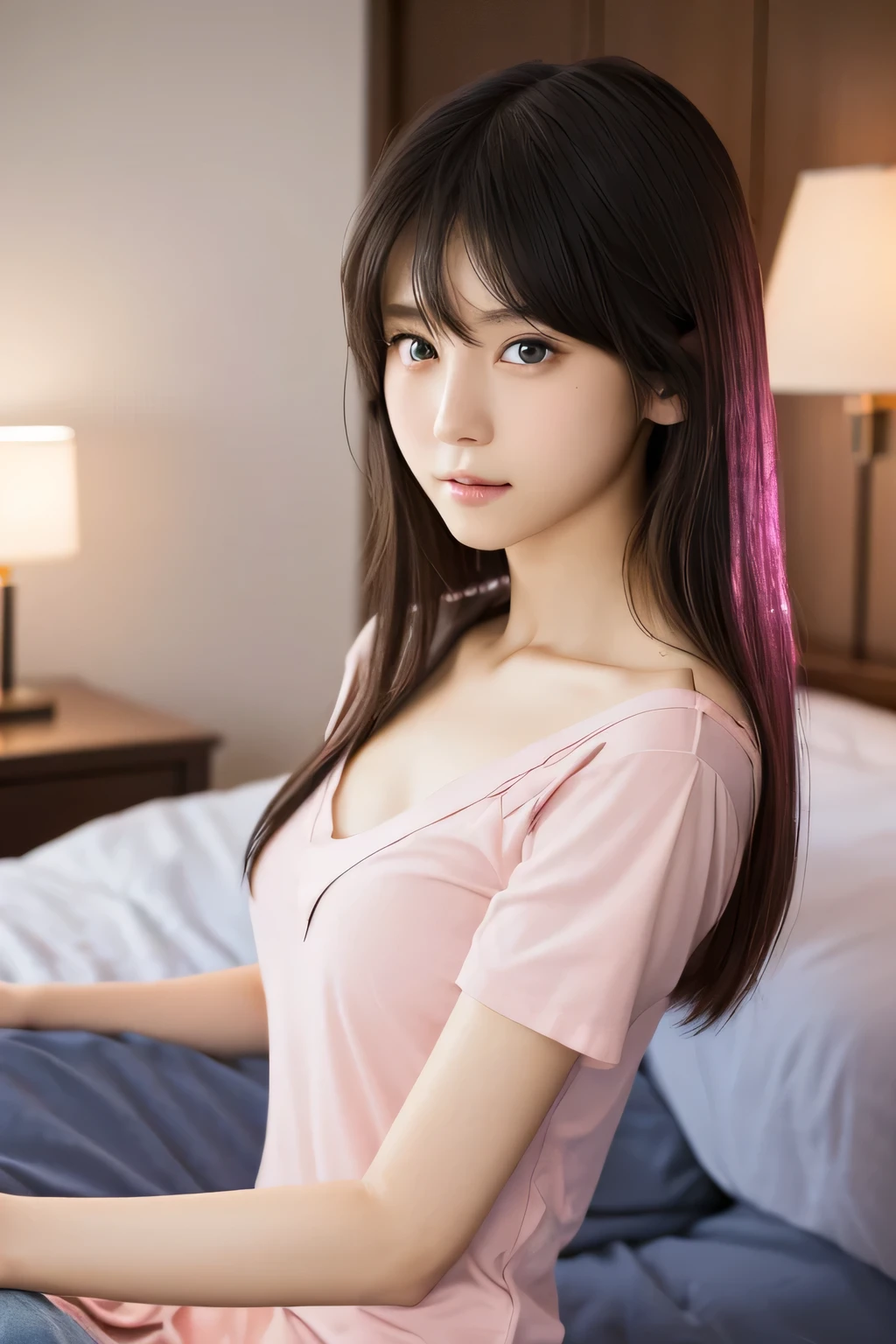 (Highest quality:1.4), (Very detailed), (Very detailed美しい顔), (night:1.8), (Beautiful face and eyes:1.5), 17 years old, Evenly balanced eyes, (Short sleeve pink camisole:1.3), Beautiful face and eyes, iris, The Beauty of Japan, (Skinny body type:1.3), (Flat Chest:1.3), (Sexy pose:1.3), Smooth, Very detailed CG synthesis 8k wallpaper, High-resolution RAW color photos, Professional photography, Light, BackLight, dream-like, impressive, Written boundary depth, (Bedroom:1.4), (Face close-up:1.3), (Side shot:1.3)