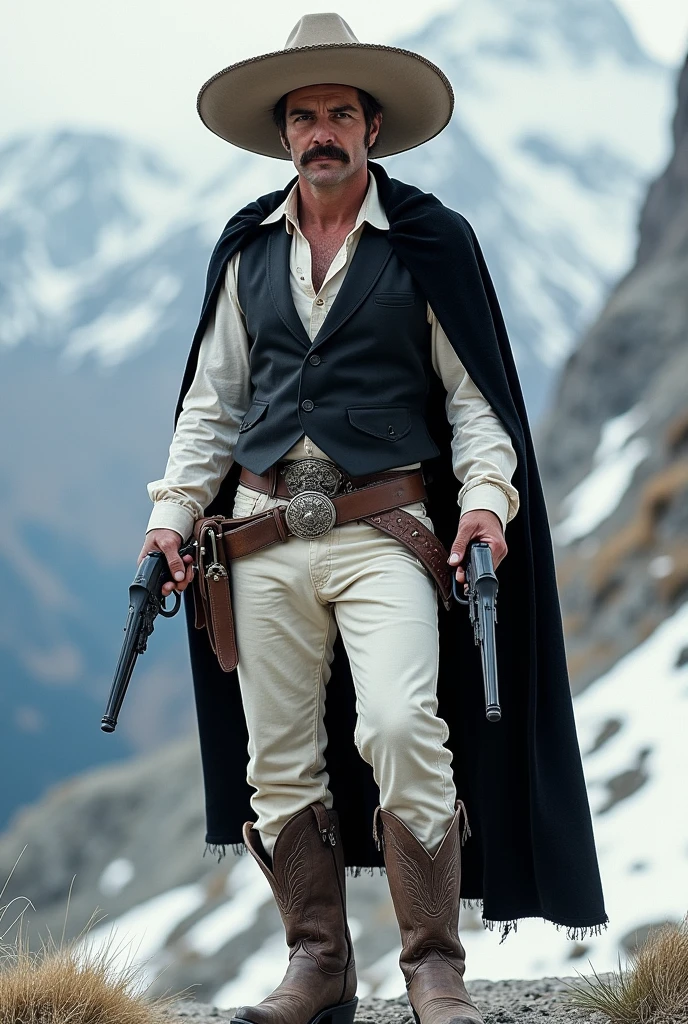 Show me a legendary gunfighter with a Mexican hat, a mustache, with a white shirt, a black vest over the shirt, a black panther skin covering his shoulders, white denim pants, cowboy boots on his feet and he is in a cold, mountainous setting, that he is in an epic pose holding his two pistols 