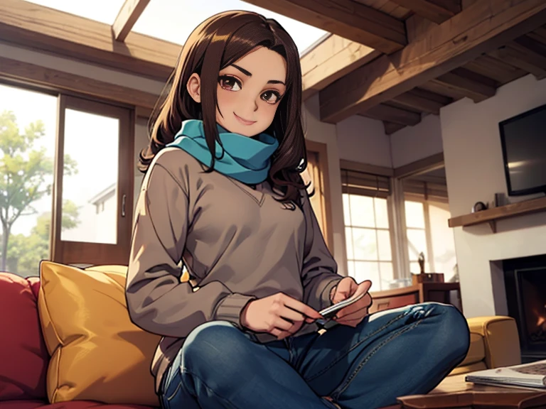 Bell, anime, Brown Hair, Medium chest, Brown eyes, A light smile, jeans, scarf, Grey sweatshirt, Blue pants, Sitting, Sitting cross-legged, Inside the smart home, Sitting on the couch, Shino Asada's Face, anime Sword Art Online, Highest quality