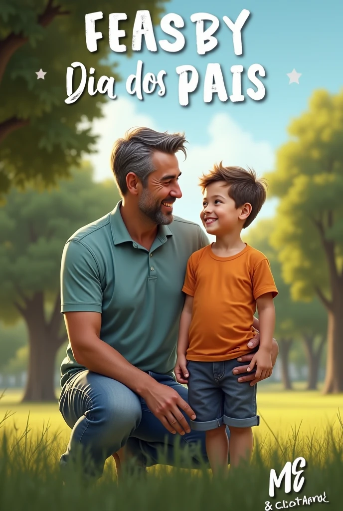Create a realistic Instagram post featuring a father and son with the message "happy fathers day" in Portuguese and highlight the logo "M & C Clothing" No canto inferior direito da imagem.