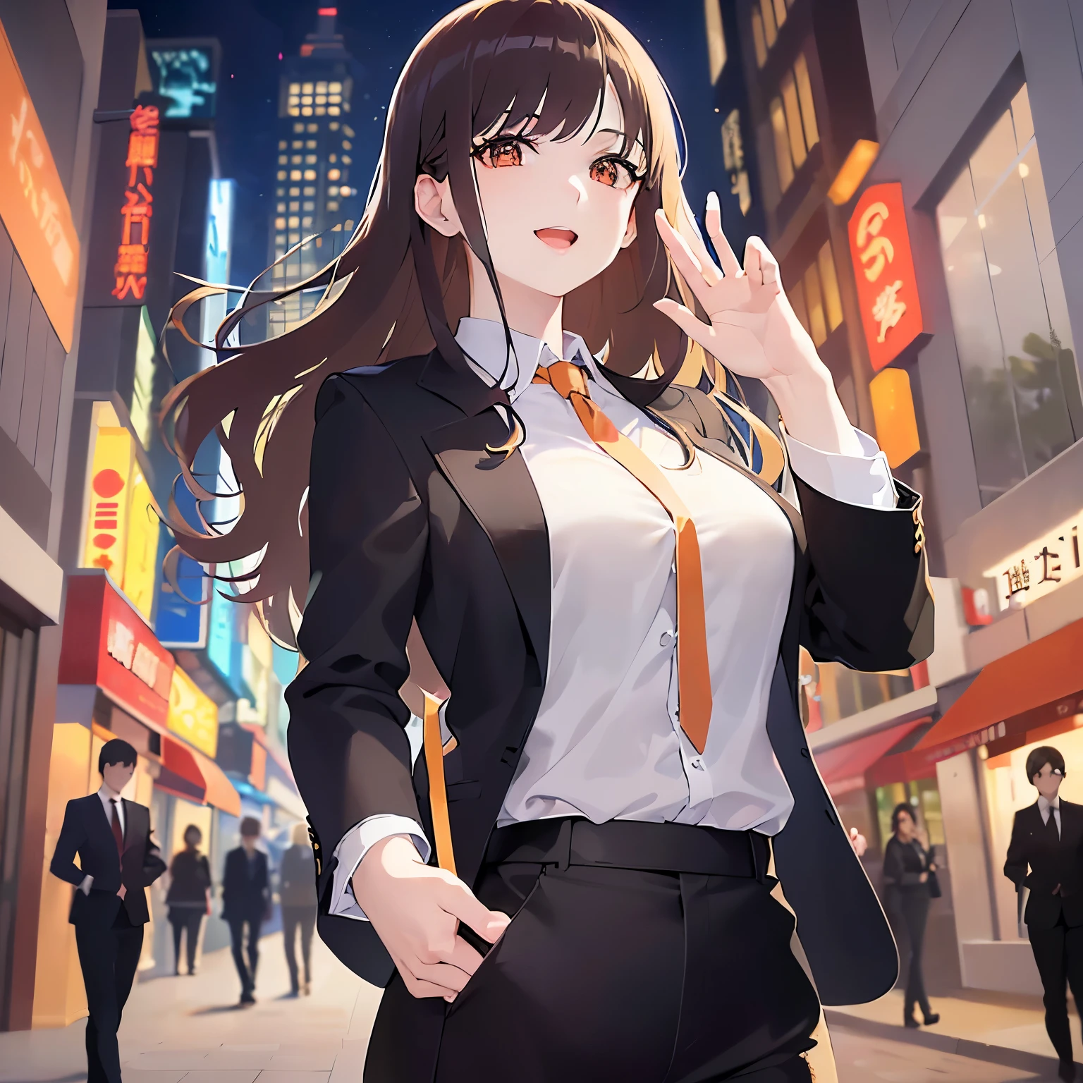 waving hand, (pale skin: 1.2), shiny skin, shiny hair、(A 25-year-old woman with medium-length hair and bangs) and (wavy hair) and (brown hair) and (orange eyes) , (business suit:1.5) and (white collared shirt) , smile, open mouth, The background is a shopping street at night、Alone、Are standing