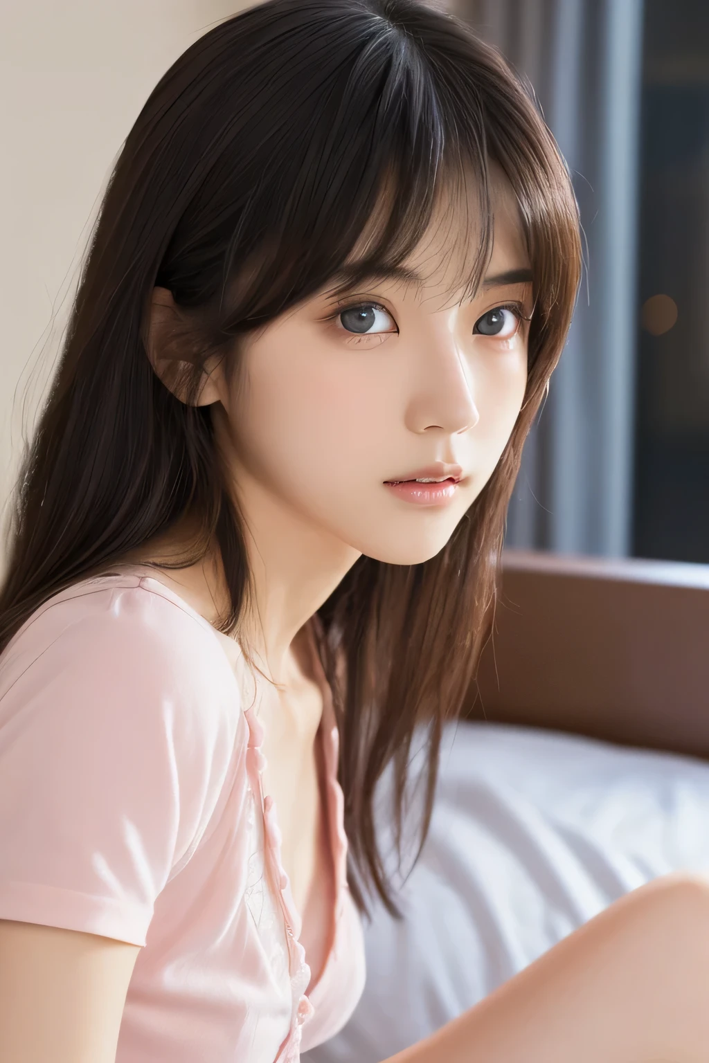 (Highest quality:1.4), (Very detailed), (Very detailed美しい顔), (night:1.8), (Beautiful face and eyes:1.5), 17 years old, Evenly balanced eyes, (Short sleeve pink camisole:1.3), Beautiful face and eyes, iris, The Beauty of Japan, (Skinny body type:1.3), (Flat Chest:1.3), (Sexy pose:1.3), Smooth, Very detailed CG synthesis 8k wallpaper, High-resolution RAW color photos, Professional photography, Light, BackLight, dream-like, impressive, Written boundary depth, (Bedroom:1.4), (Face close-up:1.3), (Side shot:1.3)