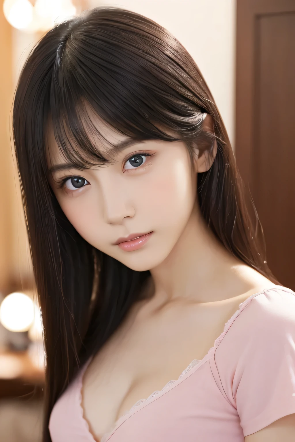 (Highest quality:1.4), (Very detailed), (Very detailed美しい顔), (night:1.8), (Beautiful face and eyes:1.5), , Evenly balanced eyes, (Short sleeve pink camisole:1.3), Beautiful face and eyes, iris, The Beauty of Japan, (Skinny body type:1.3), (Flat Chest:1.3), (Sexy pose:1.3), Smooth, Very detailed CG synthesis 8k wallpaper, High-resolution RAW color photos, Professional photography, Light, BackLight, dream-like, impressive, Written boundary depth, (Bedroom:1.4), (Face close-up:1.3), (Side view