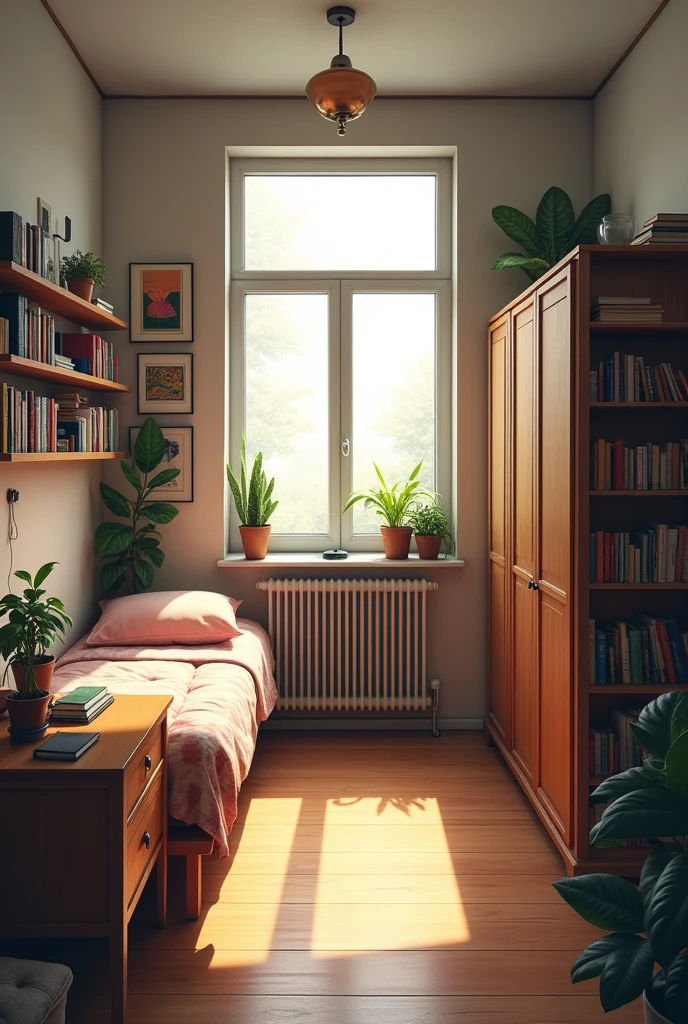 2,Design a 5 m² square room that does not get much sunlight, a window in the middle of the north side, a radiator under it, a door on the left side of the south side of the room, a single bed, a large bookcase, a large wardrobe and a desk in a room with a middle income level.
