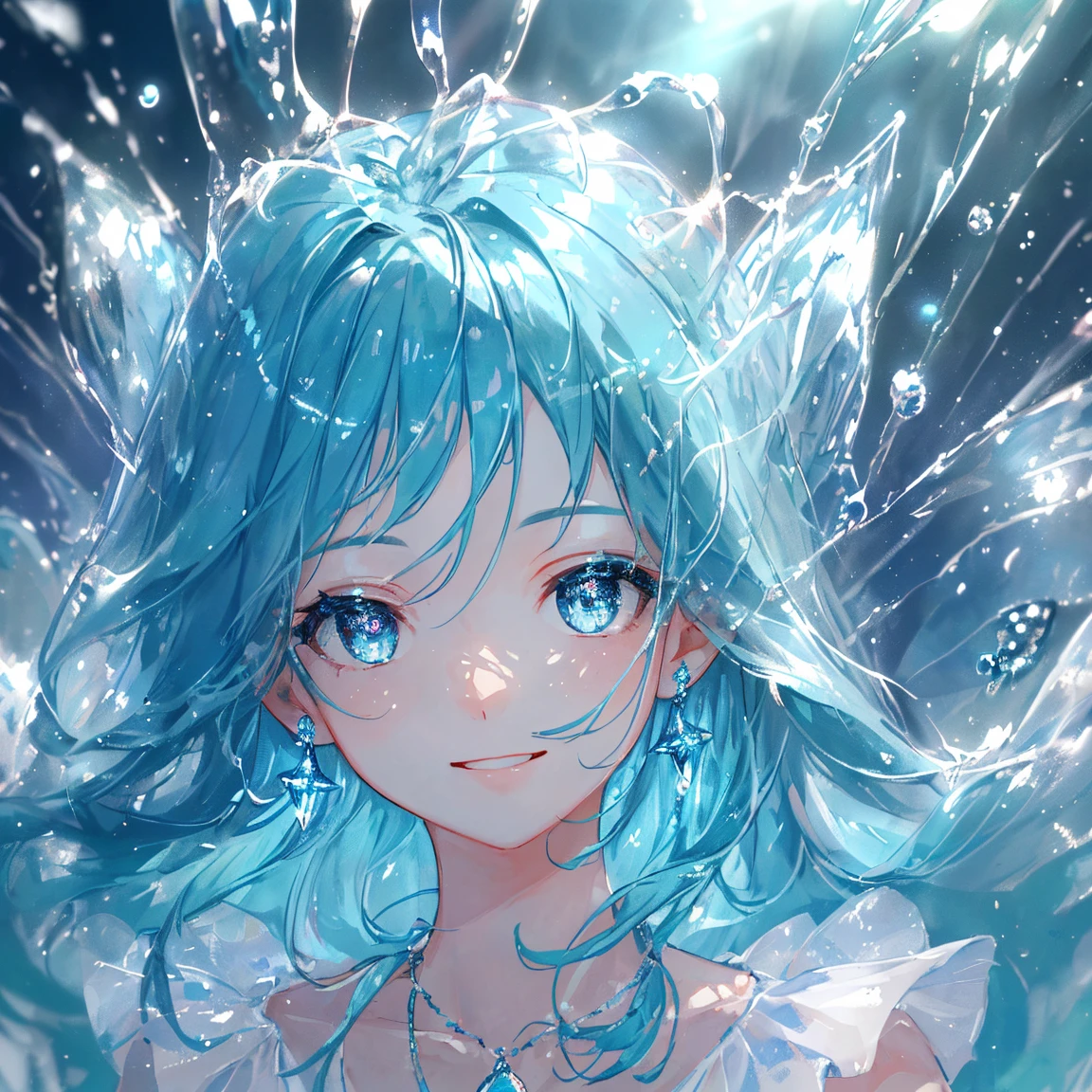 1 girl masterpiece, highest quality, shape, beautiful smile Aquamarine eyes and hair, Aquamarine earrings, Aquamarine necklace, rain, water fairy, cute, (dynamic lighting:1.2), cinematic lighting, delicate features, fine eyes, sharp pupils, realistic student, written boundary depth, Bokeh, sharp focus, (very detailed, bloom, shine:1.4), lots of little gems