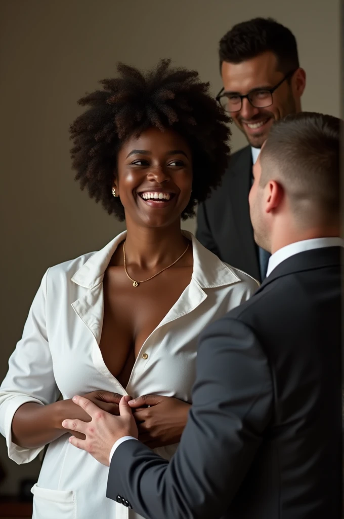 A sexy black woman wearing Adventist teacher clothes, a man squeezes her breasts