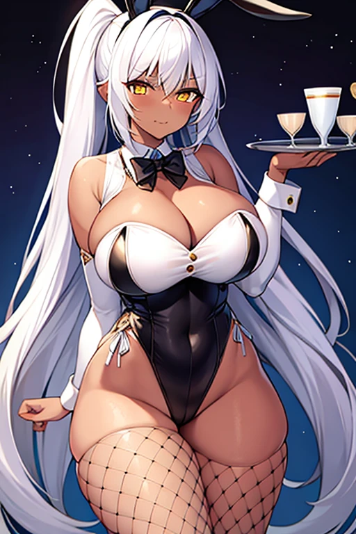 1girl, white hair, long hair, dark-skinned female, dark skin, yellow eyes, breasts, huge breasts, bowtie, wide hips, thick thighs, fishnets, bunnysuit, leotard, white bunnysuit, shy, timid, wavy mouth, ponytail, yellow trim, fishnet, fishnet legwear, gold trim