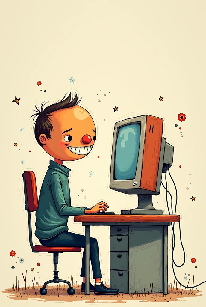 You can create a man sitting well at a monitor, but as if it were drawn by an 11 year old child

