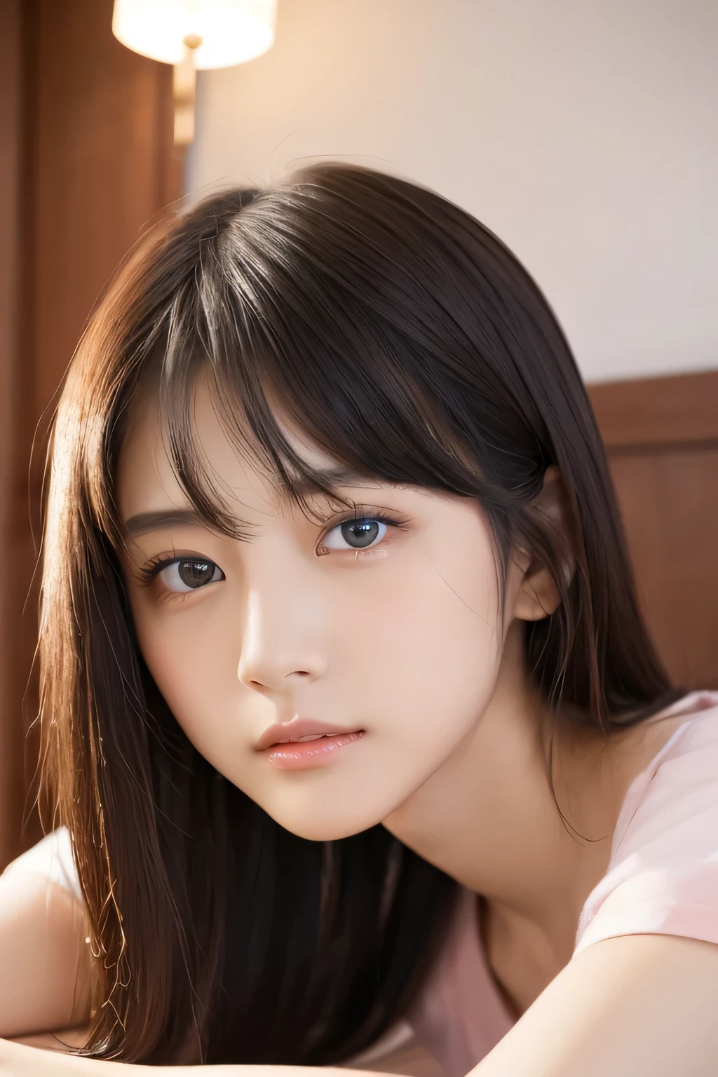 (Highest quality:1.4), (Very detailed), (Very detailed美しい顔), (night:1.8), (Beautiful face and eyes:1.5), , Evenly balanced eyes, (Short sleeve pink camisole:1.3), Beautiful face and eyes, iris, The Beauty of Japan, (Skinny body type:1.3), (Flat Chest:1.3), (Sexy pose:1.3), Smooth, Very detailed CG synthesis 8k wallpaper, High-resolution RAW color photos, Professional photography, Light, BackLight, dream-like, impressive, Written boundary depth, (Bedroom:1.4), (Face close-up:1.3), (Side view