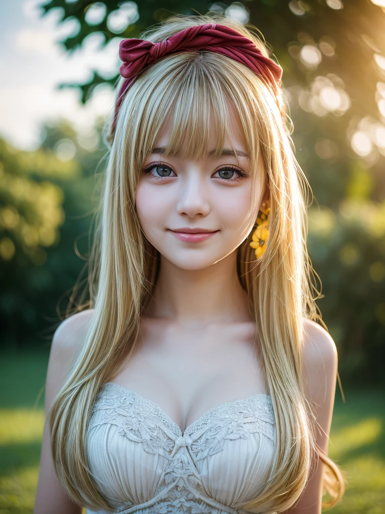masterpiece, best quality, best quality, (Intricate detailed:1.2), beautiful eyes, 1girl, solo, outdoors, blue sky, cloudy, bokeh, lens flare, anamorphic lens flare, depth of field, seductive face, seductive smile, heanna_sumire, yellow hair, red headband,