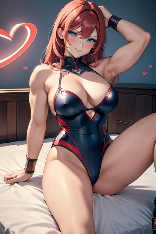 solo, A beautiful evil lady leader , wearing a short skirt, Blue eyes, gazing condescendingly at the viewer with a cute grinning expression, ((heart marks are floating in the background, kiss, blow a kiss to the viewer)), ((Lying on the bed))), (((opening your legs))), extremely detailed , masterpiece quality, ultra-detailed, HDR, vivid colors, physically-based rendering, thick muscular thighs, beautiful muscular thighs, attractive buttocks, very strong wrestler, High resolution, masterpiece, accurate, Anatomically correct, Winner of numerous awards, best quality, detail, high detail, high quality, quality, Retina, Very detailed, Textured skin, Ultra high definition, strong wrestler, red twin tail