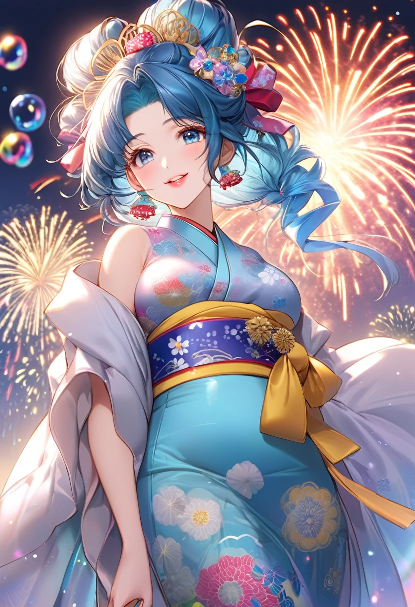 {worst quality, low-quality}, ((a closeup)), (girl with:1.2), (Big breasts), (A turquoise blue-haired, short-cut:1.3), plump shiny lips, Beautiful clear eyes, (The best smile), Spoken Heart, (perfect hand:1.2), (firework theme:1.4), (Japanese courtesan girl with:1.3), (Comes with maxi length Blue kimono [yellow] Obi:1.4), (Highly detailed and colorful embroidery and fancy firework patterns :1.3), (off shoulders:1.4), (geta:1.2), (Fancy hair ornaments:1.3), ((super huge ribbon:1.2) in front of the waist:1.3), low angle shot, (beautiful rainbow colored soap bubbles1.4), (rainbow colored soap bubbles background:1.2), masutepiece,Best Quality,ultra-detailliert, ​masterpiece,