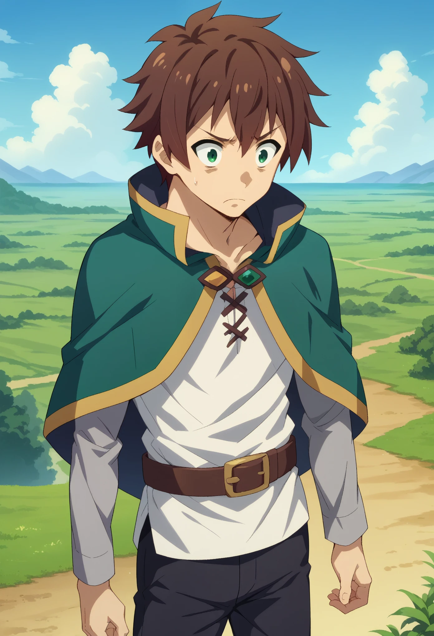 score_9, score_8_up, score_7_up, 1boy, solo, male focus, kazuma satou, short hair, brown hair, green eyes,shirt, long sleeves, white shirt, belt, black pants, capelet, brown belt, standing, anxious, looking at down, landscape,
