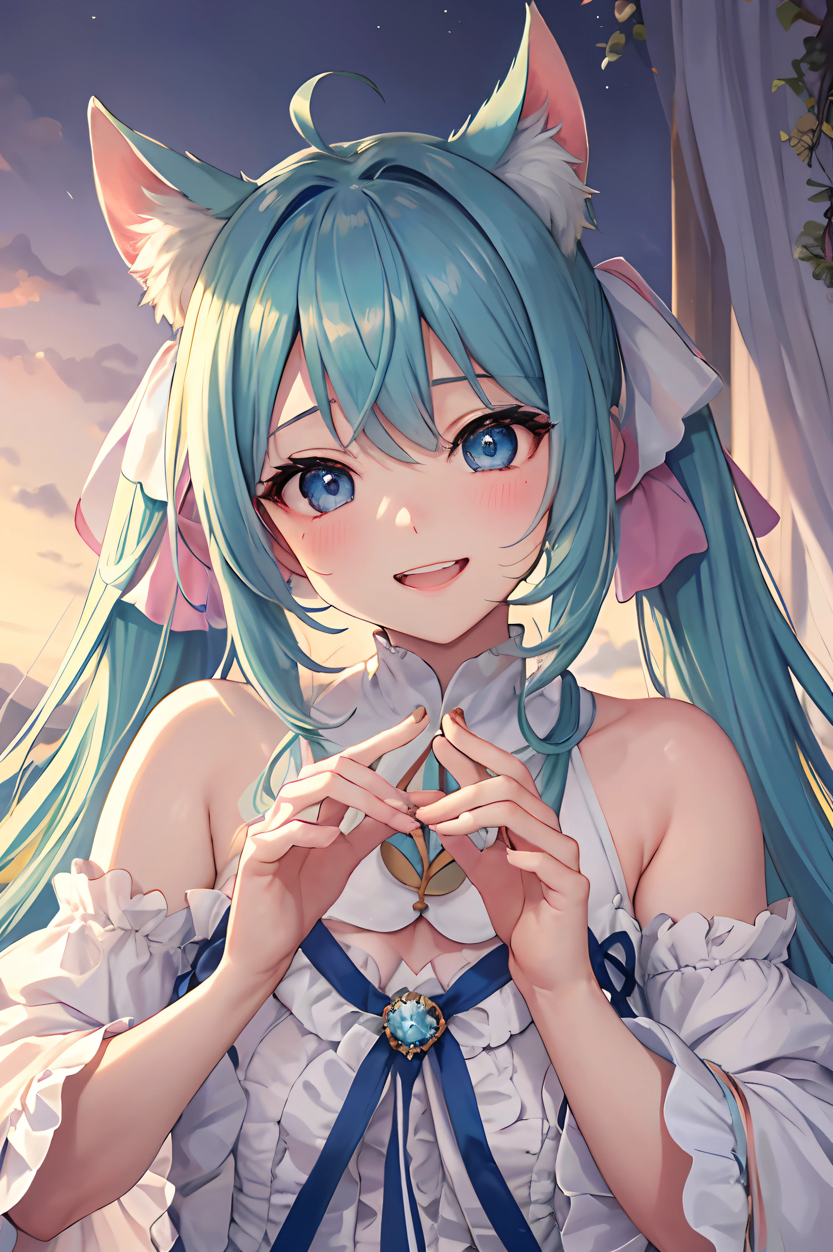 masterpiece:1.2、high quality、最high quality、High resolution、detailed、Surreal、20Beauty of the same age、Pink twin-tailed long hair,,,,,,,,,,,、Beautiful Blue Eyes、Tilt your head、Morning Glow、Green Grass々container々、birdie、rainbow、Portrait、かわいらしい笑face、Showing teeth、(detailedなface)、((Sharp focus))、((face))、bodyの上部_body