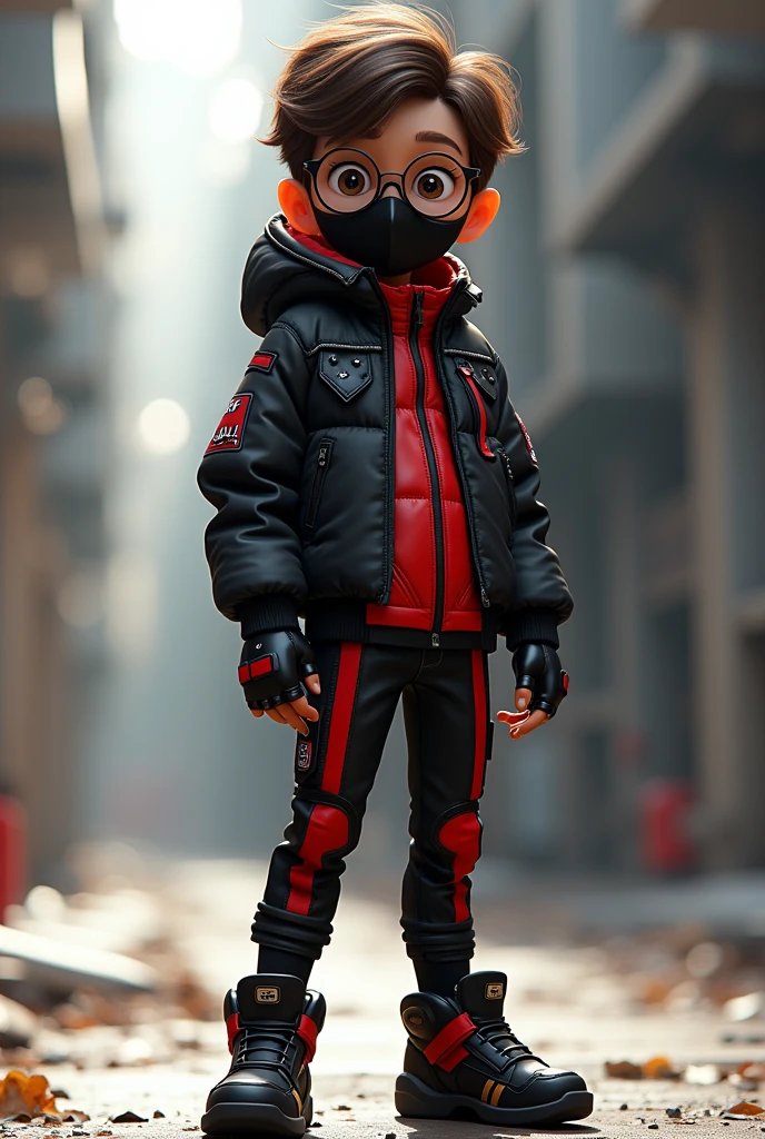 A brown-haired boy with dark round glasses wearing a black jacket with red stripes and other details,as well as using a black mask , use black pants with red stripes and finally use a pair of robotic boots and the character is animated 