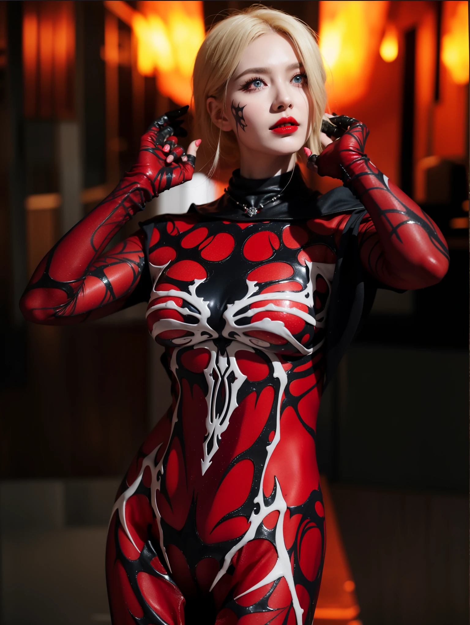 Detailed image quality，Witch Pandora，wing, Succubus Theme，堕落Angel，Excellent，scary，Secret Terror，Tentacles，With eyes，Uncanny Valley Effect，Beast Blood Moon，skeleton，vampire，Hellfire，Dark Queen，Angel，magician magic witch，Angel，Eyes are blue(Pupils as deep as the starry sky)，Gorgeous tattoo designs all over the body，Surreal photos(8K picture quality，Rich in details)，Dark eyeshadow，Sexy thick lips(Red lipstick)，Tattoo designs on body，Dark Queen，Wear luxurious gold jewelry，Sparkling diamond gemstone，Hands up，Five fingers stretched out，Fingers neat