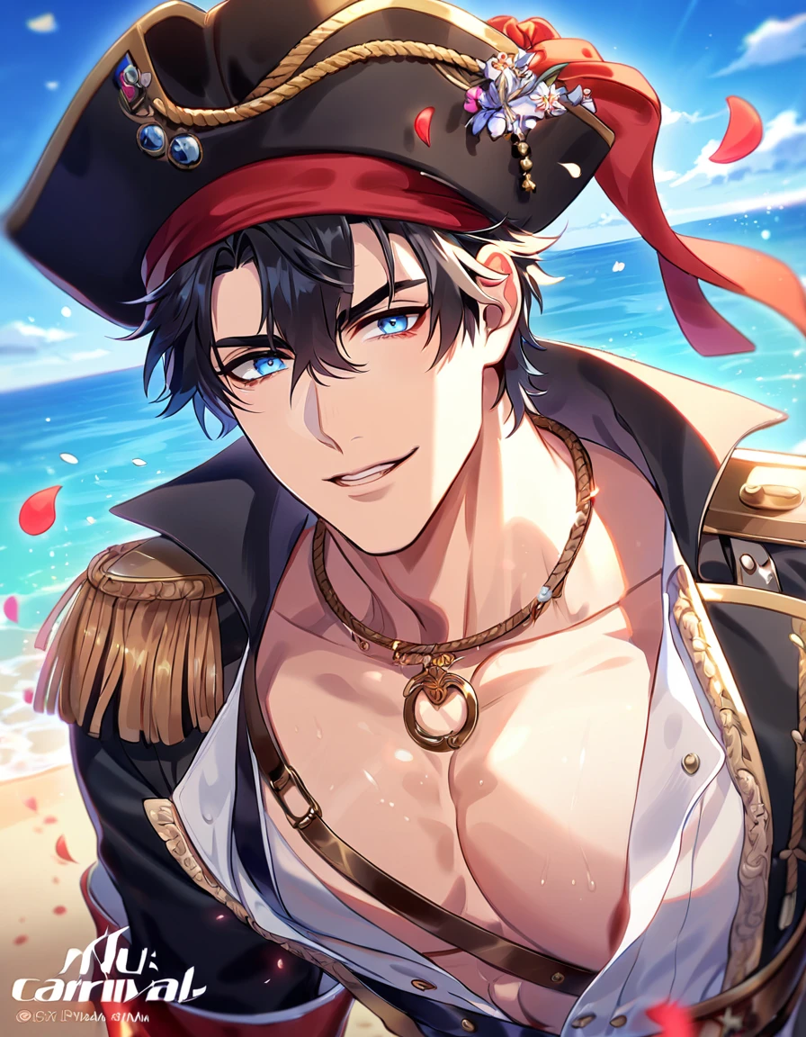 absurdres, highres, ultra detailed, HDR, master piece, best quality, perfect face, beautiful eyes, Wriothesley, black hair, expressive blue eyes, Genshin Impact, solo, sexy man, handsome, horny, lewd, pirate clothes, black hat, white gloves, accessories, showing the chest, pirate, petals, beach, sea, flowers, Nu Carnival