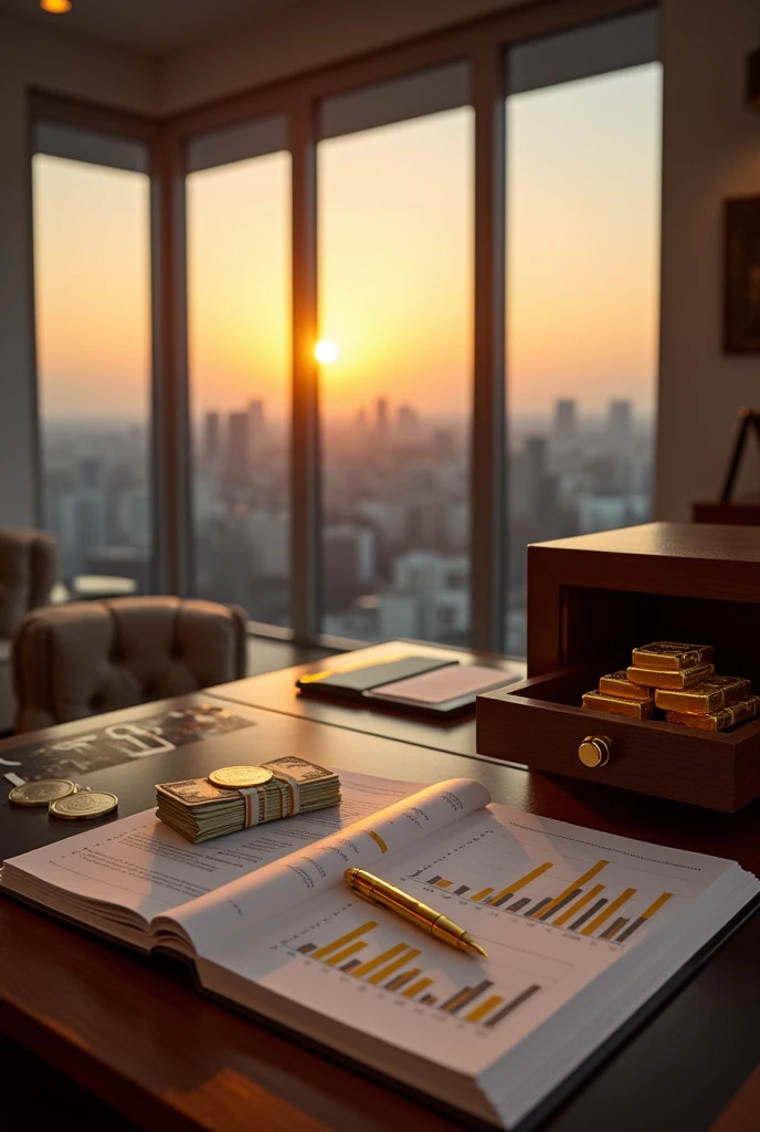 An elegant, modern office with large windows overlooking a city skyline at sunset. On a polished wooden desk, there's a golden fountain pen, stacks of cash, a shiny gold coin, and a financial chart showing upward trends. In the background, a safe slightly ajar reveals bars of gold. The atmosphere exudes success, prosperity, and wealth, with a sense of power and achievement.
