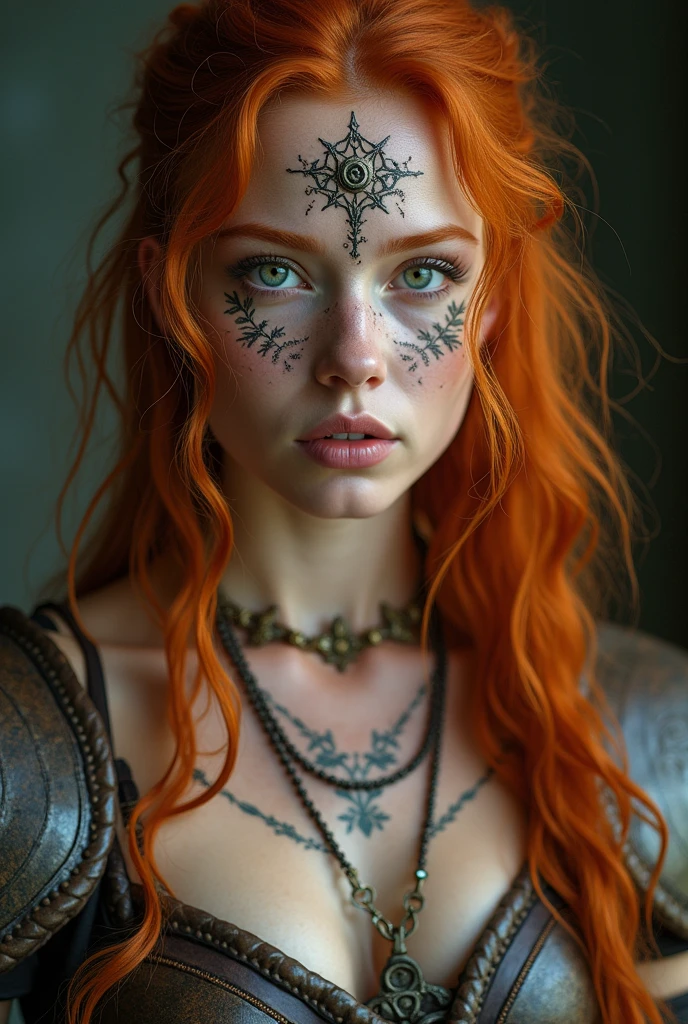 Rule of thirds, An extremely  Beautiful  Woman, pale skin, ((ginger-hair)), Celtic Warrior, weathered Runic, sexy leather armor, nipples exposed, face-paint, ice, gritty sharp focus, intricate, highly detailed, high detailed face, soft lighting, vibrant colors, masterpiece