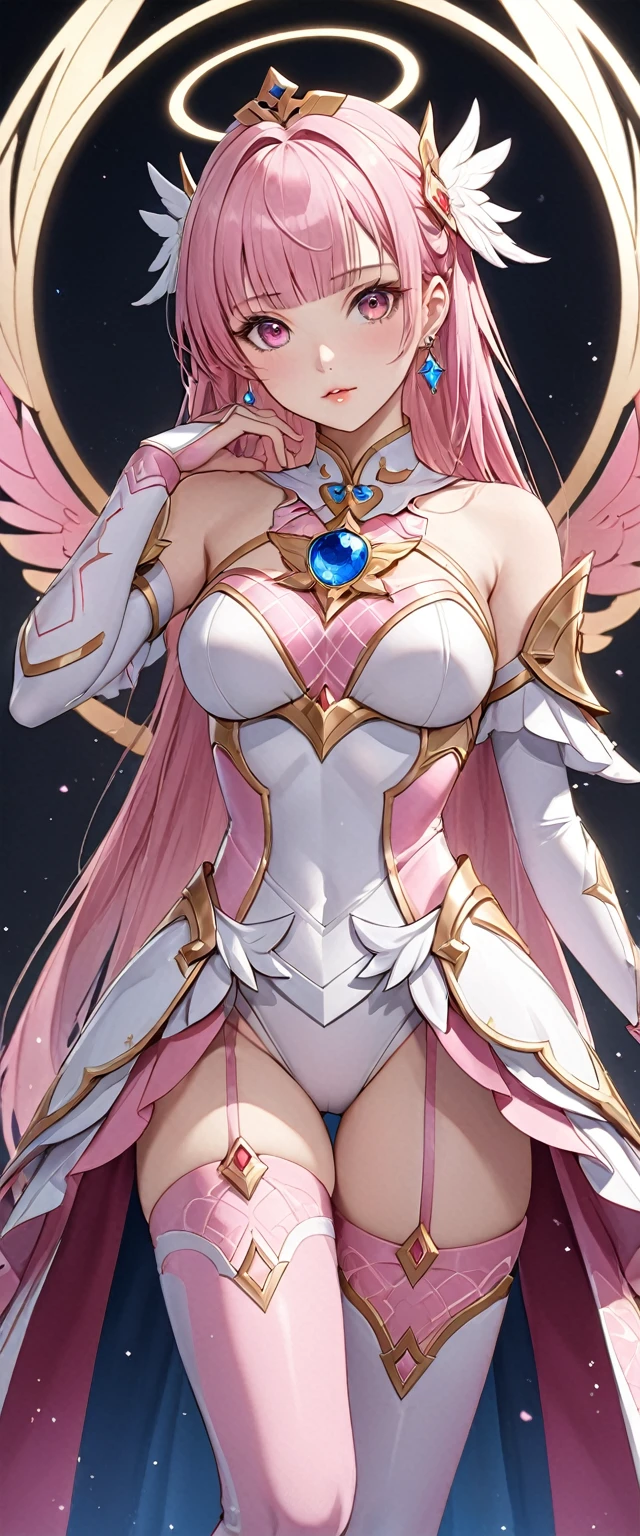 (Perfect Anatomy)、Mastepiece、Ultra High Quality、 8k、masterpiece、Highest quality、Ultra-high resolution、Maximum resolution、Very detailed、Professional Lighting、anime、woman、thin、so beautiful、Highly detailed eye、Highly detailed face、Golden earrings、Pink Hair,、Pink eyes、Detailed costume patterns、Mid-chest、Blue jewel on chest, makeup, eyeliner, eye shadow, pink cheek, pink lips, upper arm pink armor, white leotard, pink pattern, full body, magical girl, Angel Girl, Are standing, pink thigh high stockings, white super long boots, pink gauntlet, high heels, blunt bangs, Hime cut, bridal hair accessory, paladin robe, 
