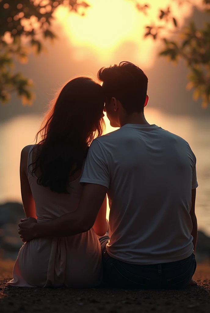 A woman and a man holding hands while sitting and their faces cannot be seen, from behind the back that can be seen up close