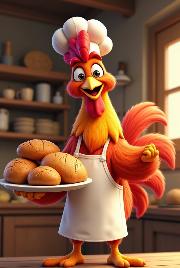 Animated baker rooster with his tray of bread
