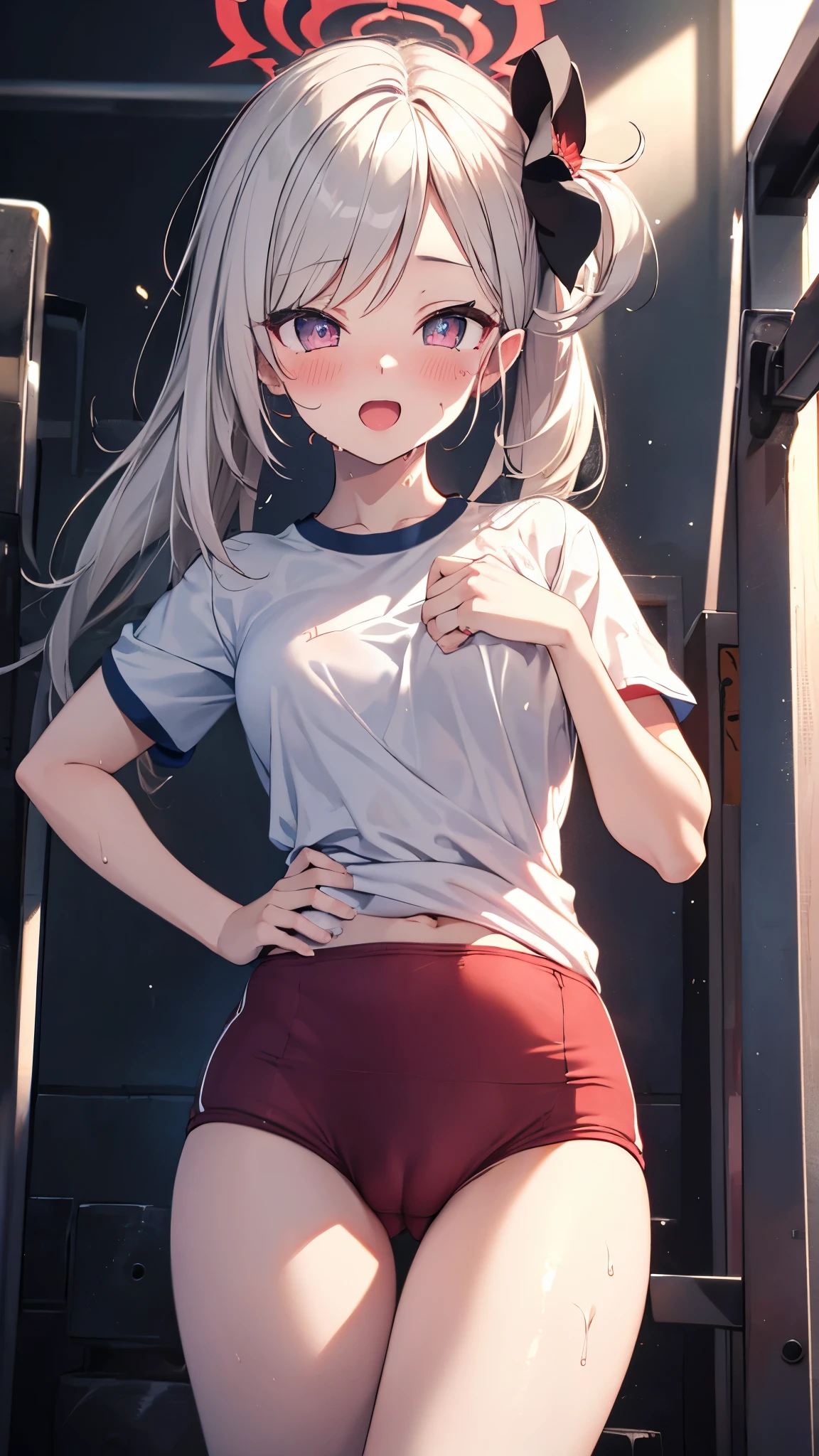 1girl,mutsukidef,(chibi:1.2),gray hair,long hair,side ponytail, (white gym shirt, short sleeve,gym uniform,dark blue buruma:1.3),wet,sweat,Hair Ornaments,halo,open mouth, embarrassed ,blush,(cameltoe:1.3),masterpiece,Noise Reduction,perfect anatomy,high resolution, ultra-detailed, ultra-detailed face,game cg,dutch angle ,beautiful detailed eyes,visualart,five fingers, perfect hands, perfect lighting, sparkling pupils,