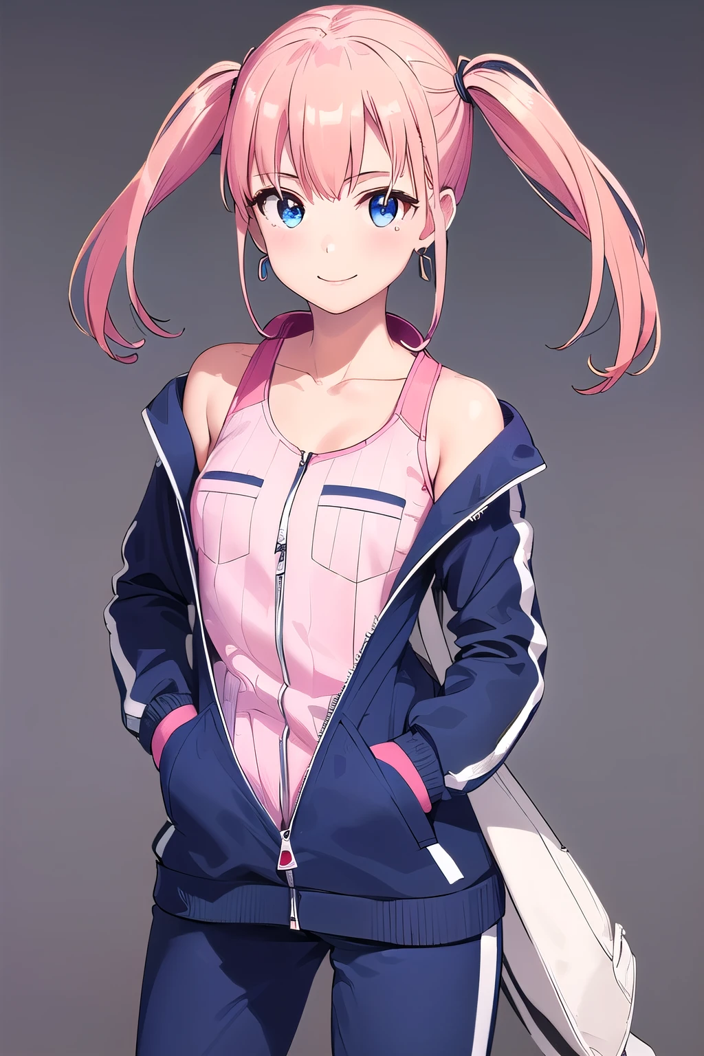 (8K, top-quality, masterpiece:1.2), (reallistic, Photorealsitic:1.37), Super Detail, One girl,), (Highly detailed), (beautifully detailed eyes), (of the highest quality), (super detailed ), (masterpiece), (Detailed face),20yr old, ,1 girl, ((pink hair,long hair)), medium breasts, clothed, Perfect Lighting, BREAK (navy blue tracksuit:1.3), (long sleeve jacket with zipper:1.3), (white tank top:1.2), (relaxed fit:1.2), (left chest pocket:1.2), (side pocket:1.2), (ribbed cuffs and hem:1-), (white crew socks:1.1), (navy sneakers:1.1), (silver hoop earrings:1.1), BRAKE (upper body to thighs:1.2), (pink twin tails:1.2), (smiling:1.2), (face turned slightly:1.1), (holding line marker:1.1), (right foot forward:1.1), (bright lighting:1.1), (white background:1.1)