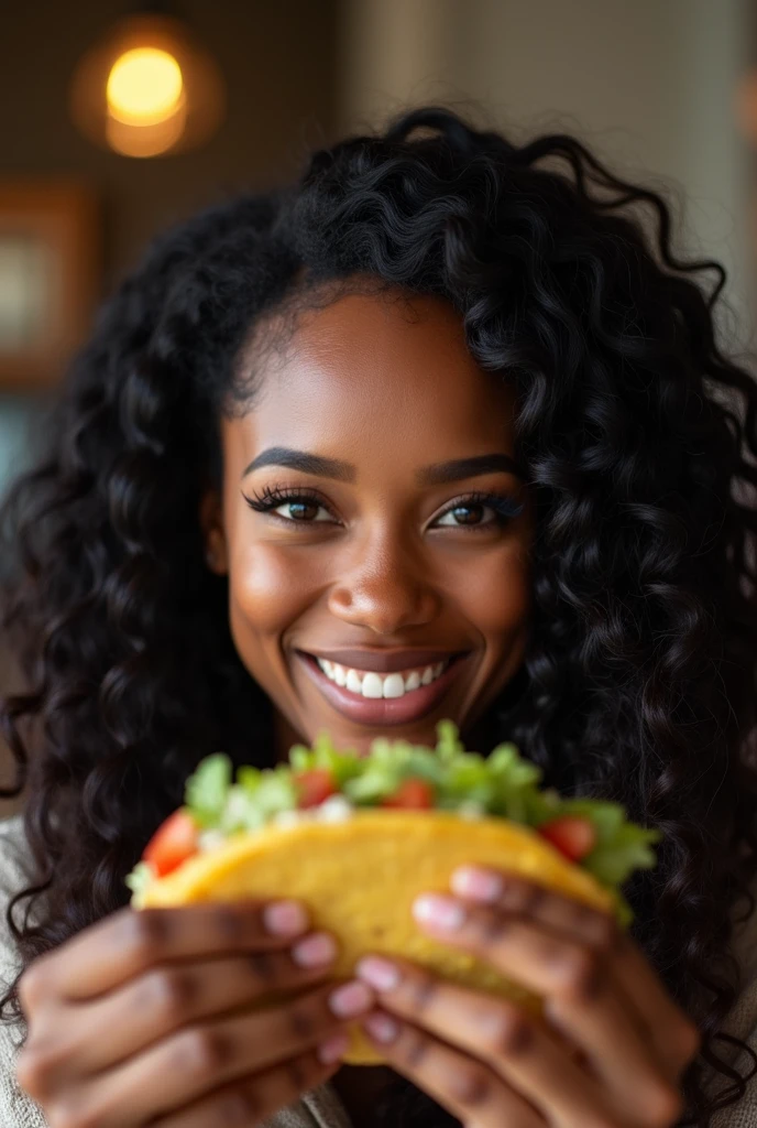 there is a black woman , the woman has curly black curly, she has dark skin, with dark brownish skin, with long curly, long black curly hair she is taking a long shot selfie whilst eating tacos 🌮