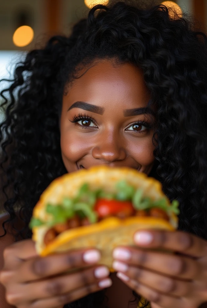 there is a black woman , the woman has curly black curly, she has dark skin, with dark brownish skin, with long curly, long black curly hair she is taking a long shot selfie whilst eating tacos 🌮