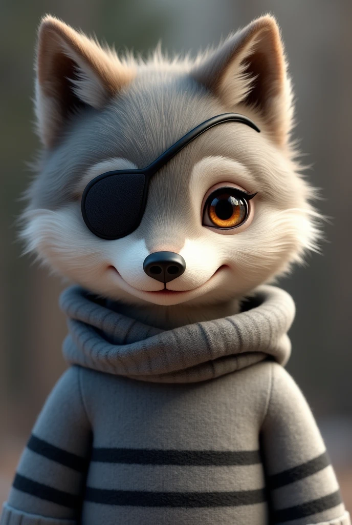 a little wolf with an eye patch and a grey sweater with black stripes
