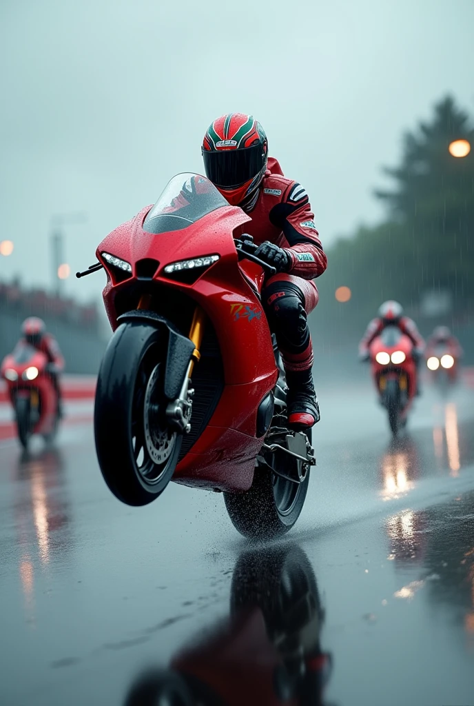 Motorcycle race on the racetrack on a rainy day, one of the riders celebrates the victory by doing a wheelie on the bike