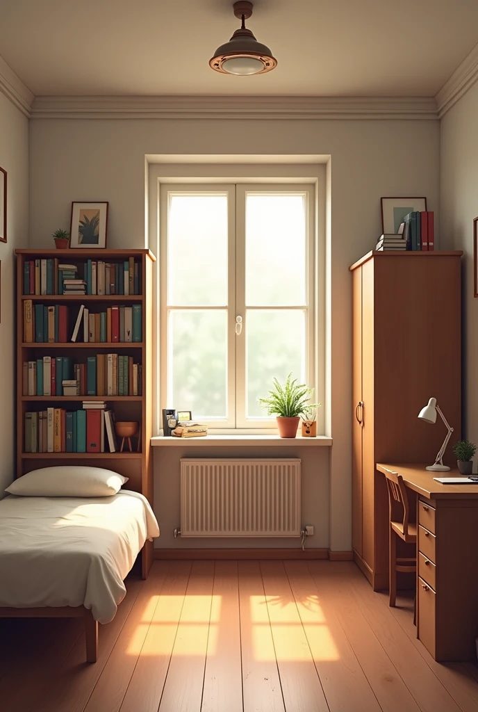 2,Design a 5 m² square room that does not get much sunlight, a window in the middle of the north side, a radiator under it, a door on the left side of the south side of the room, a single bed, a large bookcase, a large wardrobe and a desk in a room with a middle income level.