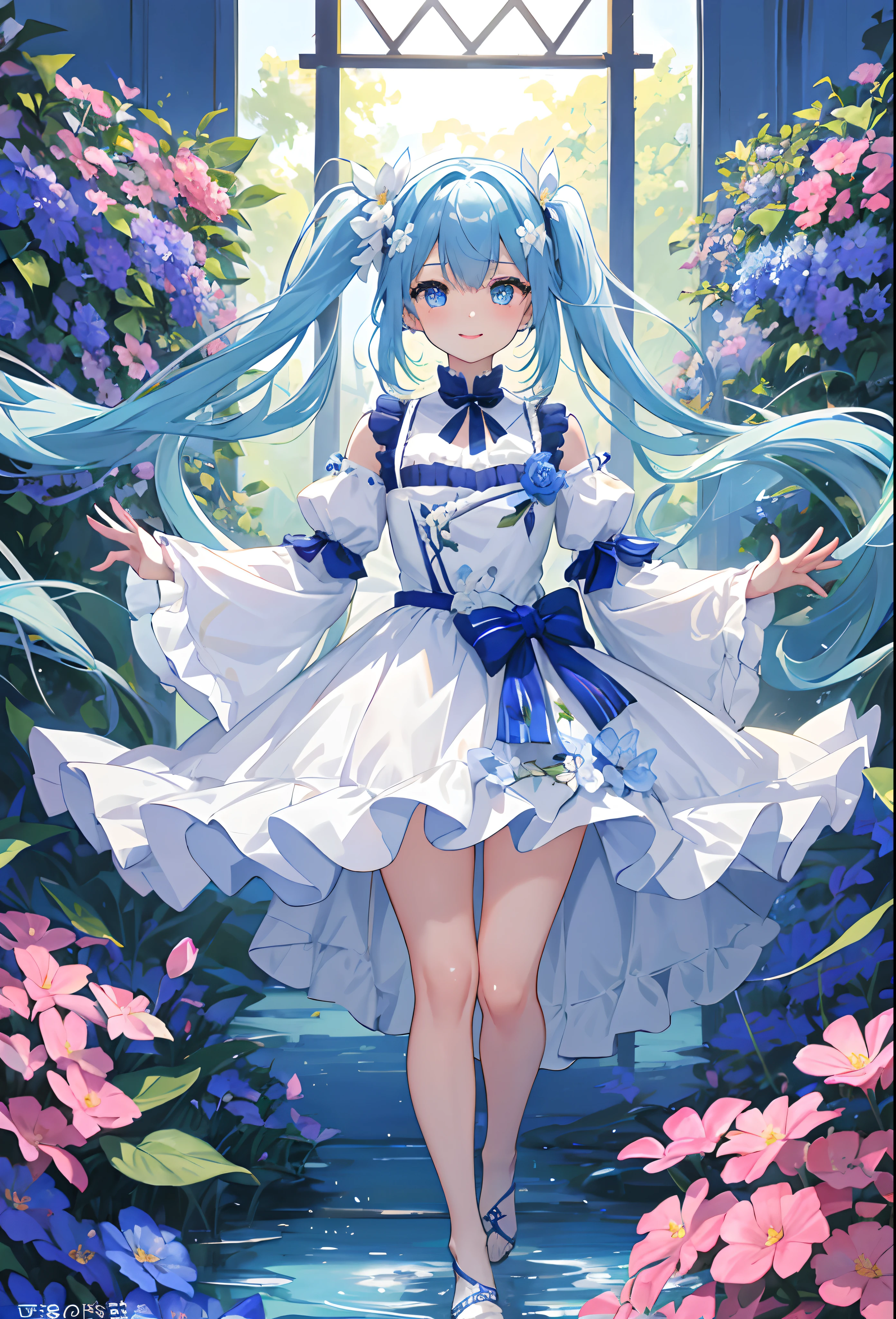 masterpiece:1.2、high quality、最high quality、High resolution、detailed、Surreal、One Girl、Light blue twin-tailed long hair,,,,,,,、Beautiful Blue Eyes、Standing in a flower field、Colorful costumes、blue sky、Whole Body Ezbian、rainbow、Cute smile、Cosmos、(detailedな顔)、((Sharp focus))、