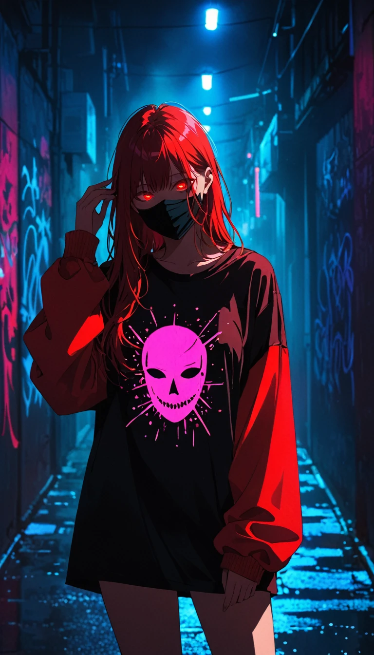 Streetscape,Fluorescent lighting，(((Shrouded in darkness))),silhouette，Shadow，Extreme darkness，Minimalist graffiti style background，Fluorescent red eye doodle，Dark atmosphere，Cowboy Shot,One girl,Oversized black t-shirt，Mid-chest，Waistless T-shirt，（Underbust），Blurred Background，Blurred foreground，Black with red fluorescent hair，Fluorescent red eyes，Raise your hand and touch your hair，Long Hair,Black and red jacket,Ruined eyeShadow,mask