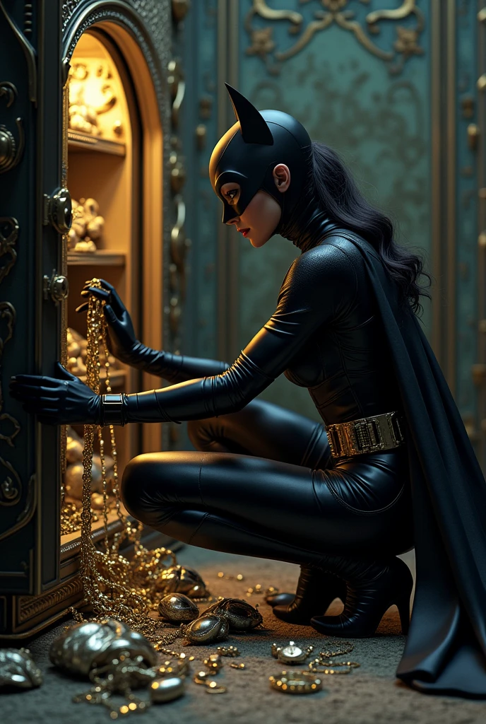 Une famme en tenue blak cat est une famme en tenue de cambrioleuse et une famme en tenue de Bat-Girl qui ouvre un coffre avec plein de bijoux et des sac pour tout ramasser 