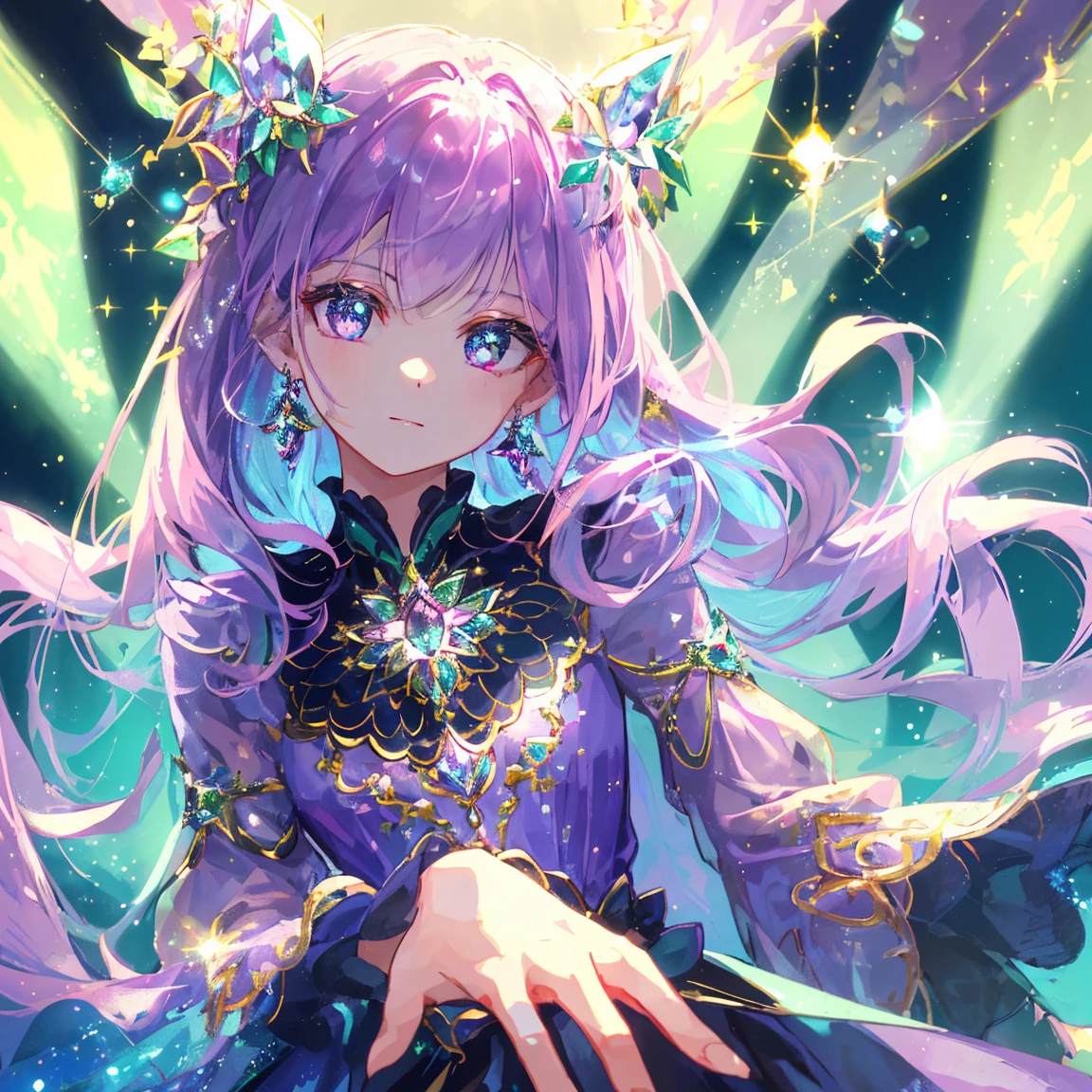 1 girl masterpiece, highest quality, shape, alexandrite eyes and hair, alexandrite earrings, alexandrite necklace,fairy, cute, (dynamic lighting:1.2), cinematic lighting, delicate features, fine eyes, sharp pupils, realistic student, written boundary depth, Bokeh, sharp focus, (very detailed, bloom, shine:1.4), lots of little gems