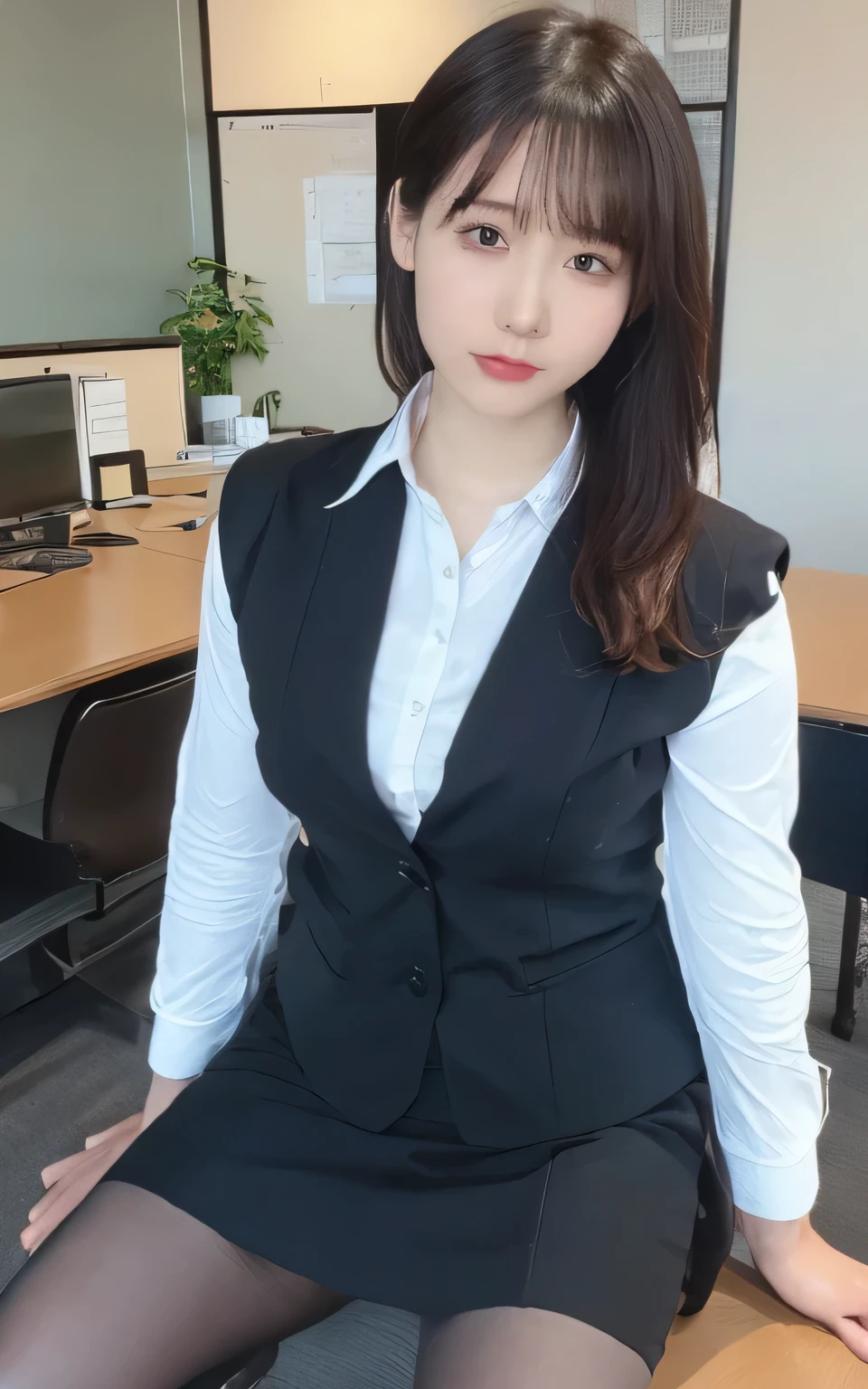 ((highest quality.8K、
masterpiece:1.3))、sharp:1.2、
perfect body beauty:1.4、 Slim
abs:1.2、((layered hairstyles、
huge :1.2))、company employee、Sit on a chair、Wear black tights、skirt、suit、office、Office Lady、office worker、Spread your legs、black underwear