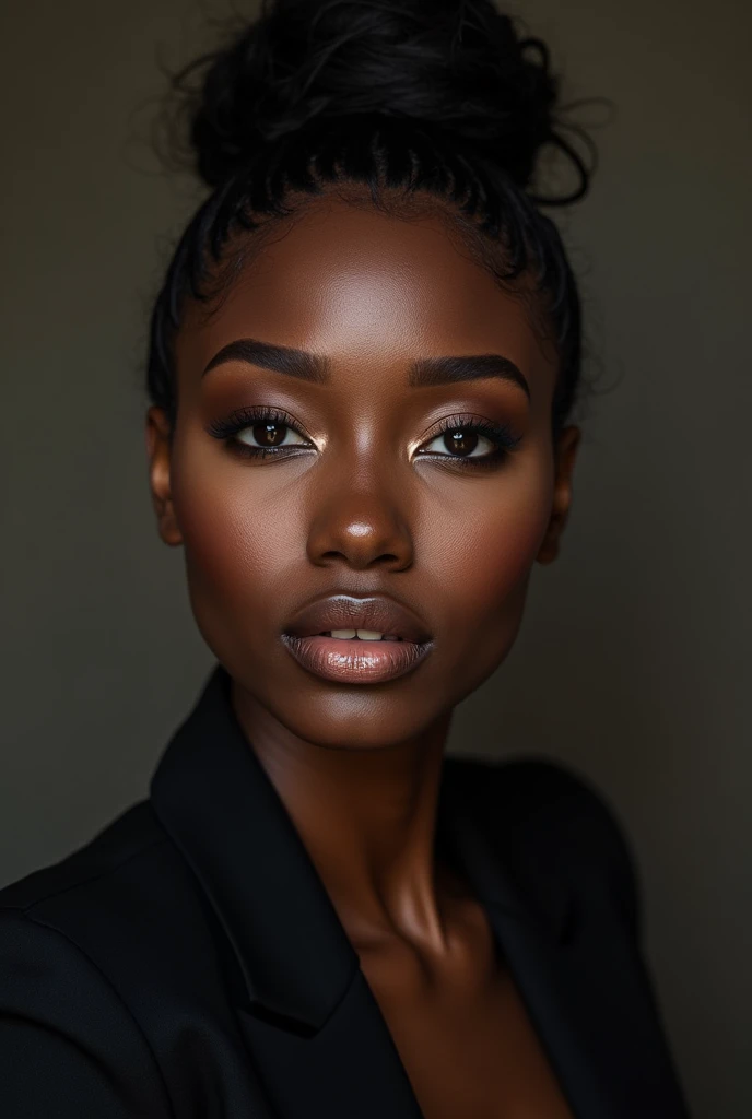 there is a black woman , the woman has her hair slicked back in to a bun and her baby hairs are styled, she has dark skin, with dark brownish skin, with she is taking a long shot selfie