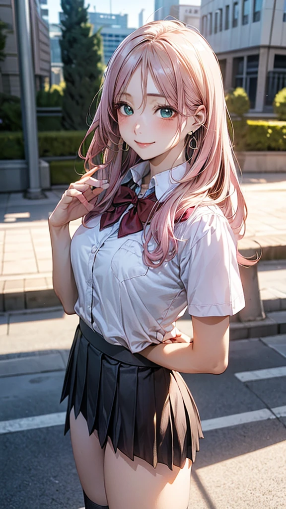 (masterpiece:1.2, top-quality), (realistic, photorealistic:1.4), beautiful illustration, (natural side lighting, movie lighting), 
looking at viewer, cowboy shot, front view:0.6, 1 girl, japanese, high school girl, perfect face, cute and symmetrical face, shiny skin, 
(long hair:1.8, straight hair:1.7, light pink hair), parted bangs, emerald green eyes, long eye lasher, (large breasts:0.9, thick thighs), 
beautiful hair, beautiful face, beautiful detailed eyes, beautiful clavicle, beautiful body, beautiful chest, beautiful thigh, beautiful legs, beautiful fingers, 
((white collared shirts, grey pleated mini skirt, , black socks, brown loafers, red bow tie)), hoop ring earrings, pink panties, 
(beautiful scenery), evening, riverside, walking, hands on chest, (lovely smile, upper eyes), with twin sister