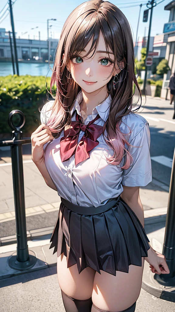 (masterpiece:1.2, top-quality), (realistic, photorealistic:1.4), beautiful illustration, (natural side lighting, movie lighting),
looking at viewer, cowboy shot, front view:0.6, 1 girl, japanese, high school girl, perfect face, cute and symmetrical face, shiny skin,
(long hair:1.8, straight hair:1.7, light pink hair), parted bangs, emerald green eyes, long eye lasher, (large breasts:0.9, thick thighs),
beautiful hair, beautiful face, beautiful detailed eyes, beautiful clavicle, beautiful body, beautiful chest, beautiful thigh, beautiful legs, beautiful fingers,
((white collared shirts, grey pleated mini skirt, , black socks, brown loafers, red bow tie)), hoop ring earrings, pink panties,
(beautiful scenery), evening, riverside, walking, hands on chest, (lovely smile, upper eyes), with twin sister
