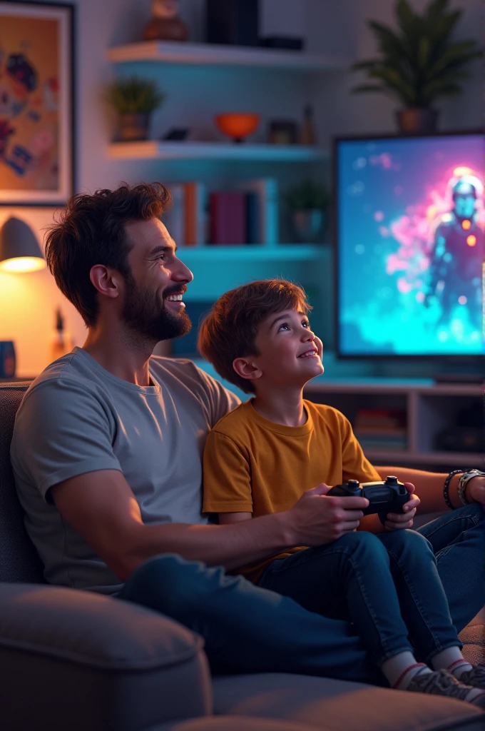 Techie dad with his son and video games