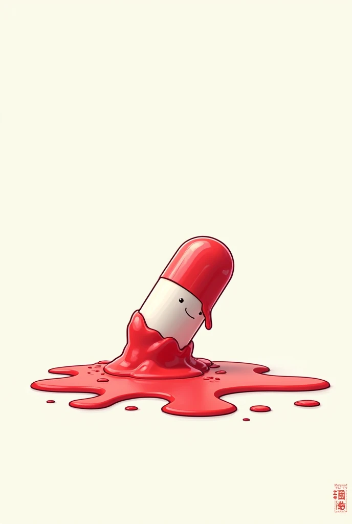 Red an white pill on a bony white background, the pill is melting and oozes, cartoonish style
The image should be a square