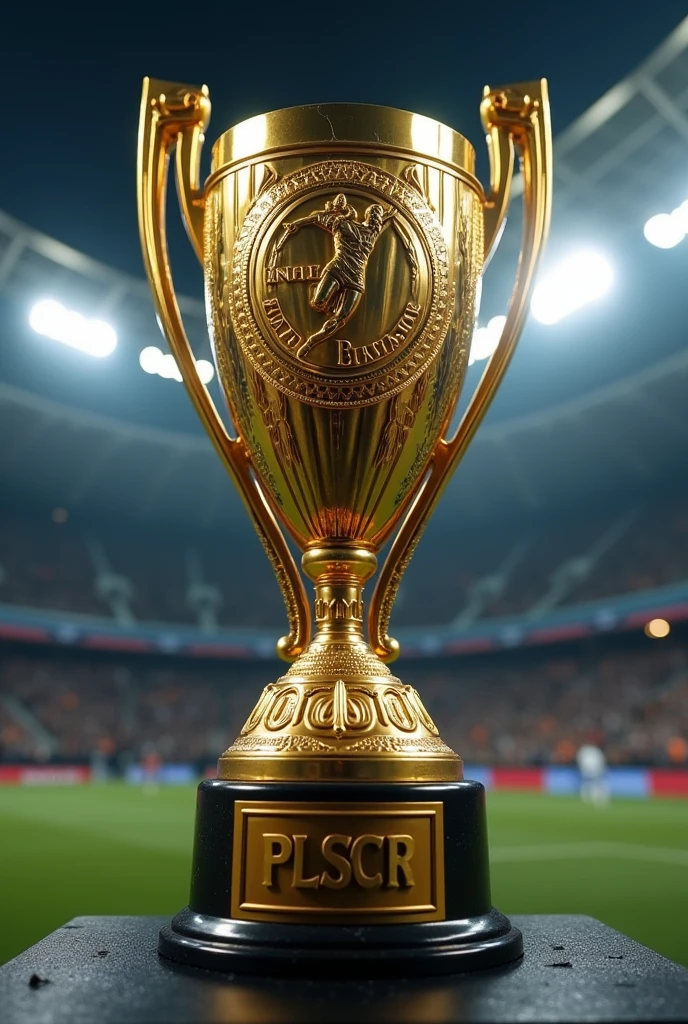 Man of the match football  trophy PLSCR designed on it 
