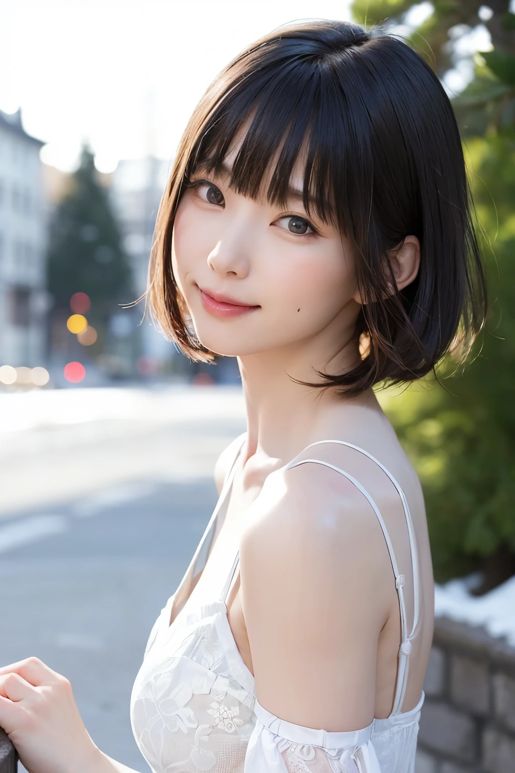 (masterpiece, Highest quality),One Girl, alone, hyper Realistic, Realistic,Realistic, Looking at the audience, Light brown eyes:1.4,Brunette Short Bob Hair with highly detailed shiny hair, Brightly colored winter clothes, Lepangas:1.4), Plein Air, Mouth closed, Upper Body、big chest eye、eyelash、{Huge|big|非常にbig|Mega} chest:2, chestの谷間:2、{Huge|big|expensive|Mega} chest:2, chestの谷間:2、The huge windows overlook the strait valley.、(((big chest eye、Short Bob Hair、Glowing Skin、Shiny Hair、Student Highlights、Gazing at the audience、She is very beautiful and cute、Listen carefully、Long neck、smile、Close your mouth and smile、bangsと美しい歯、bangs、Perfect Anatomy)))、Ideal body type、（Snowy tree-lined road in winter in Norway, Out of focus background）、美しいLong neck:1.4、Very attractive, 美しくてかわいいVery attractive女性、