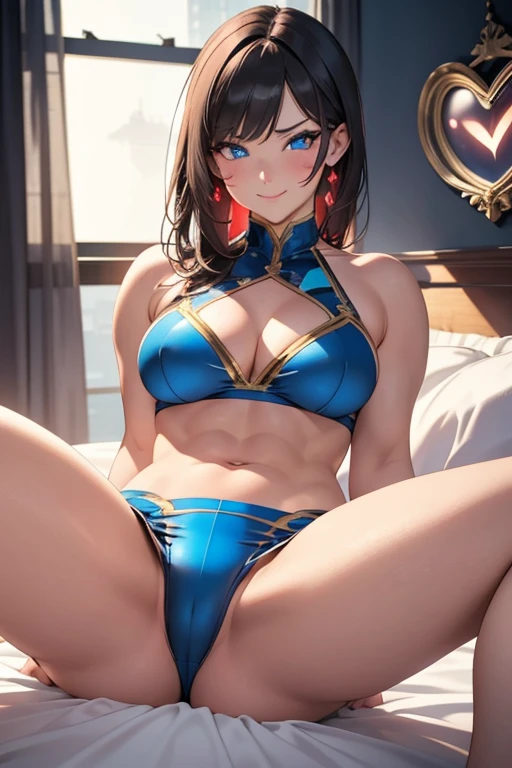solo, A beautiful evil lady leader , wearing a short skirt, Blue eyes, gazing condescendingly at the viewer with a cute grinning expression, ((heart marks are floating in the background, kiss, blow a kiss to the viewer)), ((Lying on the bed))), (((opening your legs))), extremely detailed , masterpiece quality, ultra-detailed, HDR, vivid colors, physically-based rendering, thick muscular thighs, beautiful muscular thighs, attractive buttocks, very strong wrestler, High resolution, masterpiece, accurate, Anatomically correct, Winner of numerous awards, best quality, detail, high detail, high quality, quality, Retina, Very detailed, Textured skin, Ultra high definition, strong wrestler, red twin tail